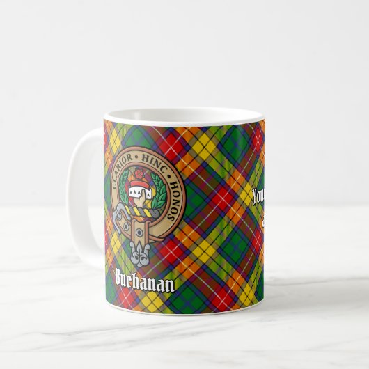 Clan Buchanan Crest over Tartan Koffiemok (Voorkant links)