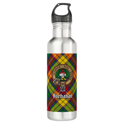 Clan Buchanan Crest over Tartan Waterfles (Voorkant)