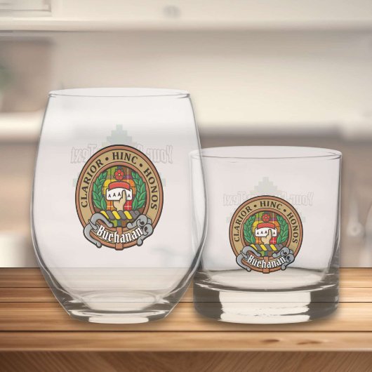 Clan Buchanan Crest over Tartan Whisky Glas
