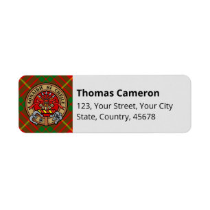 Clan Cameron Crest over Tartan Etiket
