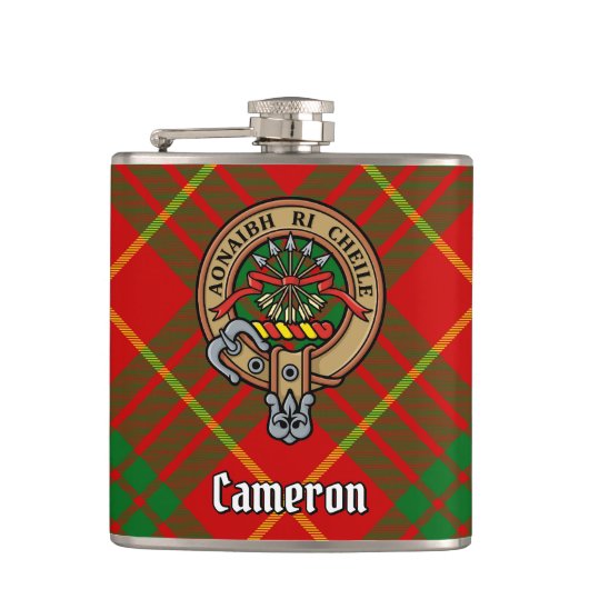 Clan Cameron Crest over Tartan Heupfles (Voorkant)