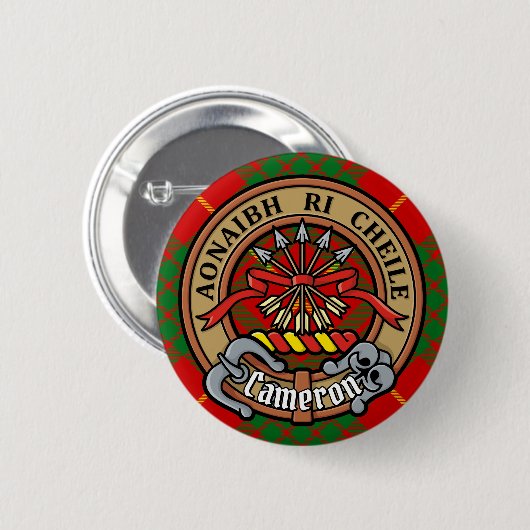 Clan Cameron Crest over Tartan Ronde Button 5,7 Cm (Voorkant /achterkant)