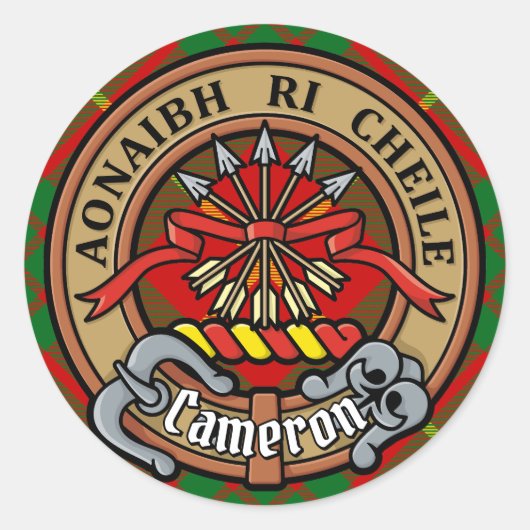 Clan Cameron Crest over Tartan Ronde Sticker (Voorkant)