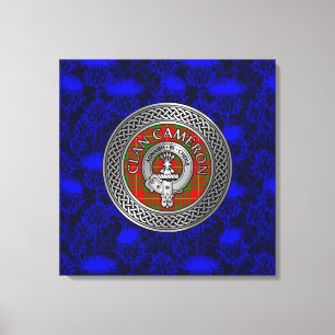 Clan Cameron Crest & Tartan Knot op Thistle Canvas Afdruk