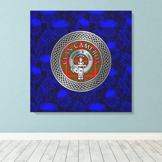 Clan Cameron Crest & Tartan Knot op Thistle Canvas Afdruk (Insitu (Houten vloer))