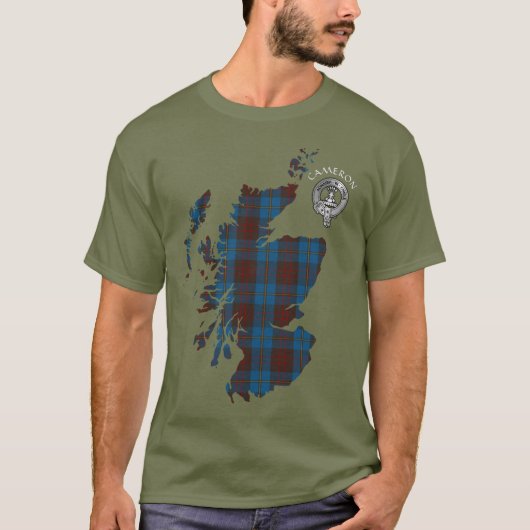 Clan Cameron Hunting Tartan Map & Crest T-shirt (Voorkant)