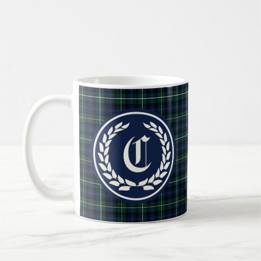 Clan Campbell Navy Blauw en Groen Tartan Monogram Koffiemok (Links)