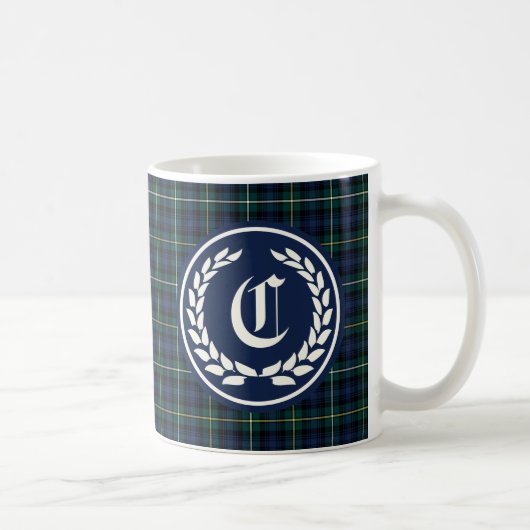 Clan Campbell Navy Blauw en Groen Tartan Monogram Koffiemok (Rechts)