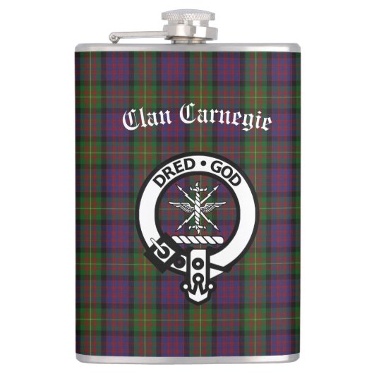 Clan Carnegie Crest Badge en Tartan Heupfles (Voorkant)