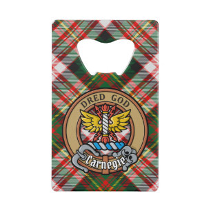 Clan Carnegie Crest over Jurk Tartan Creditkaart Flessenopener