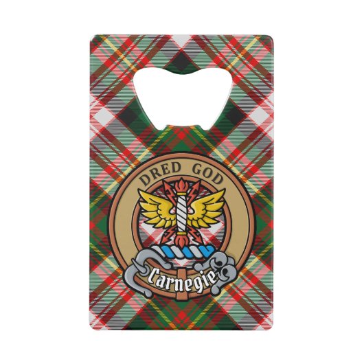 Clan Carnegie Crest over Jurk Tartan Creditkaart Flessenopener (Voorkant)
