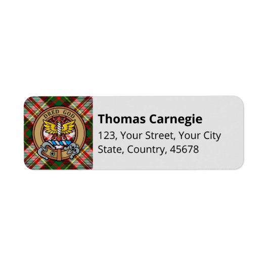 Clan Carnegie Crest over Jurk Tartan Etiket (Voorkant)