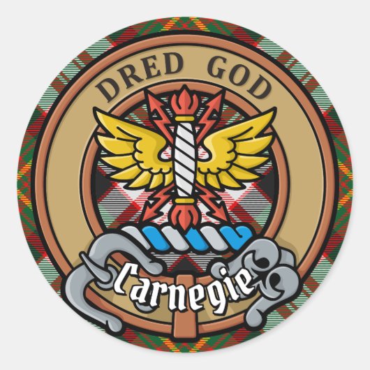 Clan Carnegie Crest over Jurk Tartan Ronde Sticker (Voorkant)