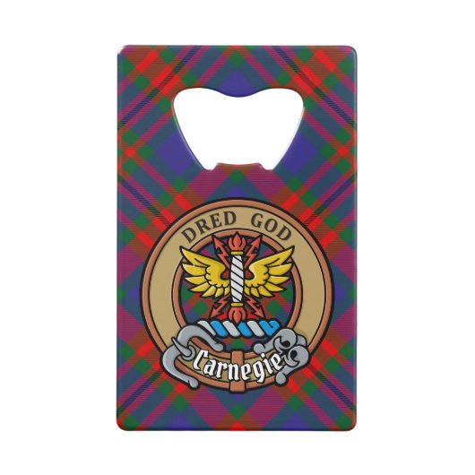 Clan Carnegie Crest over Tartan Creditkaart Flessenopener (Voorkant)