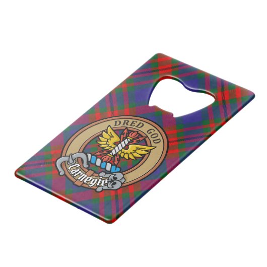 Clan Carnegie Crest over Tartan Creditkaart Flessenopener (Voorkant Gekanteld)