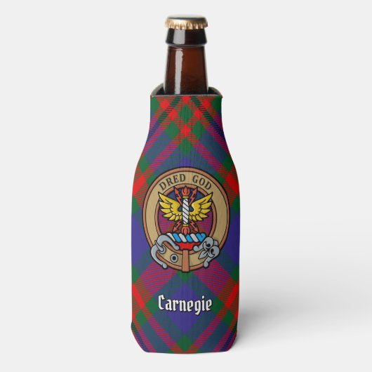 Clan Carnegie Crest over Tartan Flesjeskoeler (Fles Voorkant)