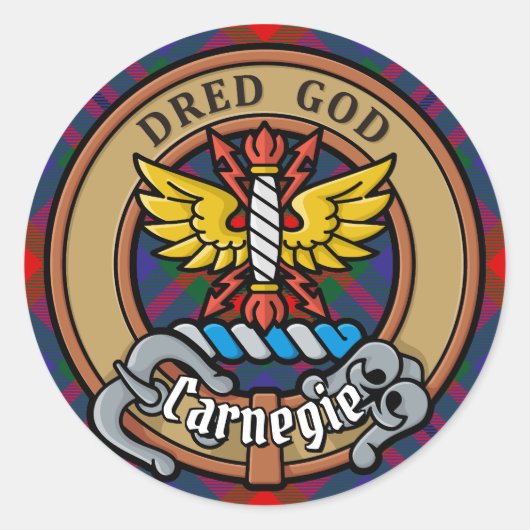 Clan Carnegie Crest over Tartan Ronde Sticker (Voorkant)