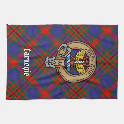 Clan Carnegie Crest over Tartan Theedoek (Horizontaal)