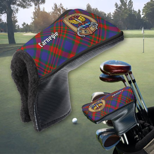 Clan Carnegie wapen over tartan Golfheadcover
