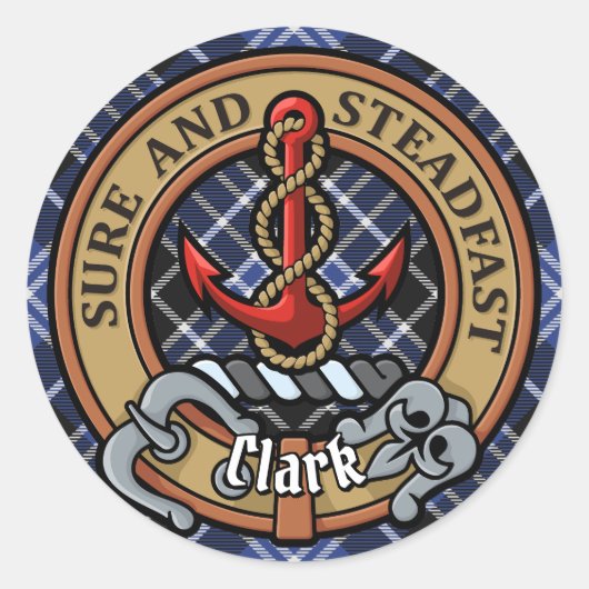 Clan Clark Crest over Tartan Ronde Sticker (Voorkant)