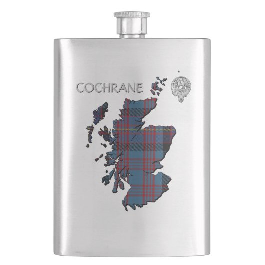 Clan Cochrane Crest & Azure Tartan Map Flacon (Voorkant)