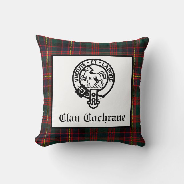 Clan Cochrane Crest Badge en Tartan Kussen (Voorkant)