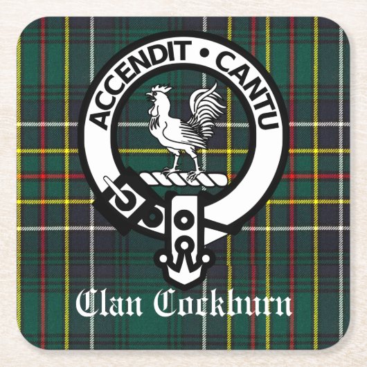 Clan Cockburn Crest Badge en Tartan Kartonnen Onderzetters (Voorkant)