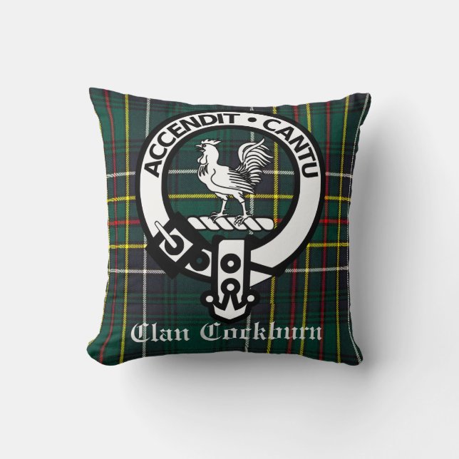 Clan Cockburn Crest Badge en Tartan Kussen (Voorkant)