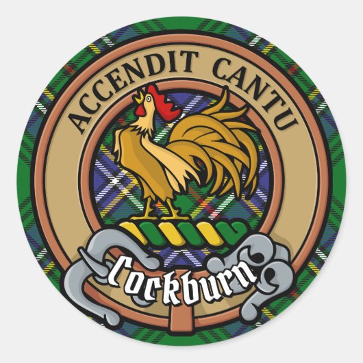 Clan Cockburn Crest over Tartan Ronde Sticker (Voorkant)