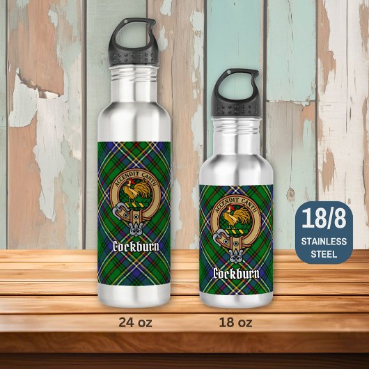 Clan Cockburn Crest over Tartan Waterfles