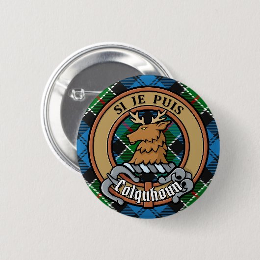 Clan Colquhoun Crest over Tartan Ronde Button 5,7 Cm (Voorkant /achterkant)