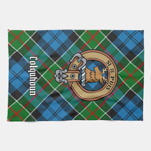 Clan Colquhoun Crest over Tartan Theedoek (Horizontaal)