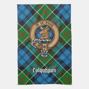 Clan Colquhoun Crest over Tartan Theedoek
