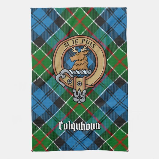 Clan Colquhoun Crest over Tartan Theedoek (Verticaal)