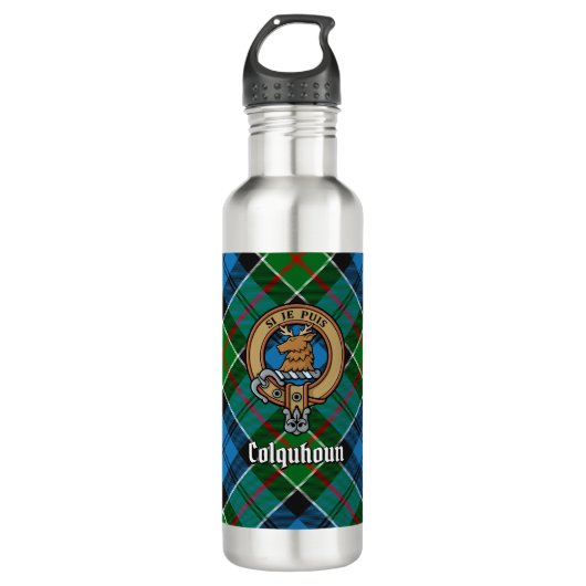 Clan Colquhoun Crest over Tartan Waterfles (Voorkant)