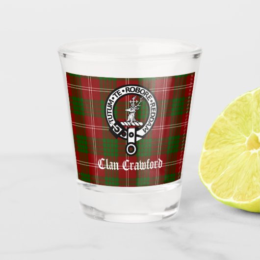 Clan Crawford Crest Badge en Tartan Shot Glas (Voorkant)