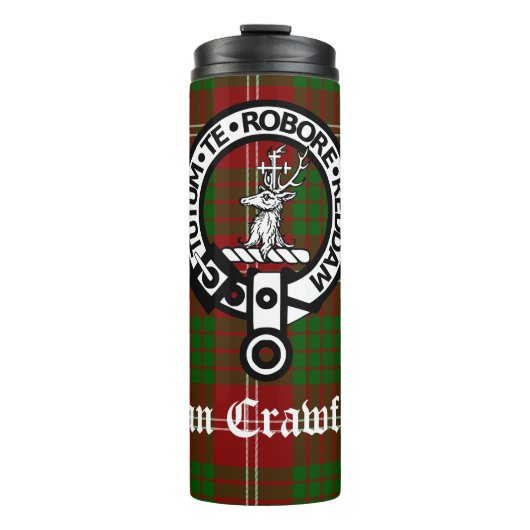Clan Crawford Crest Badge en Tartan Thermosbeker (Voorkant)