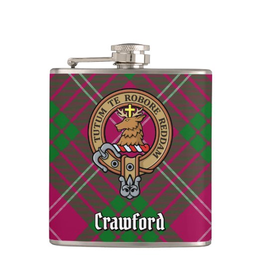 Clan Crawford Crest over Tartan Heupfles (Voorkant)