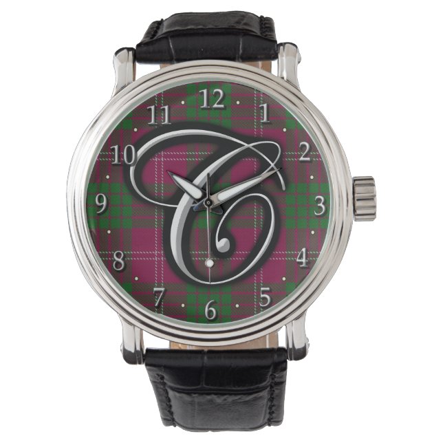 Clan Crawford Letter C Monogram Tartan Horloge (Voorkant)