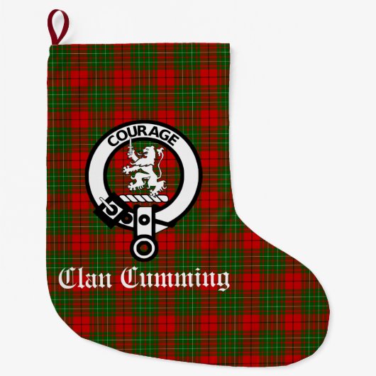 Clan Cumming Crest Badge and Tartan Personalized Grote Kerstsok (Voorkant)