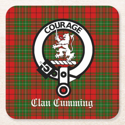 Clan Cumming Crest Badge en Tartan Kartonnen Onderzetters (Voorkant)
