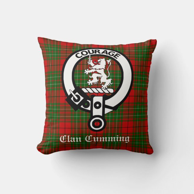 Clan Cumming Crest Badge en Tartan Kussen (Voorkant)