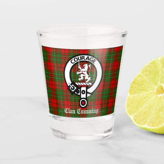 Clan Cumming Crest Badge en Tartan Shot Glas (Voorkant)