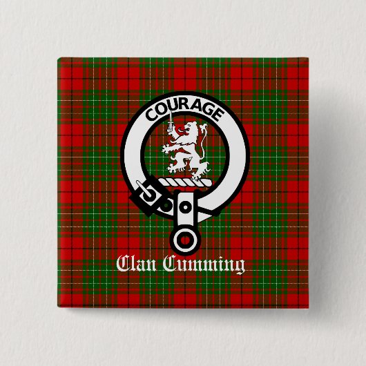 Clan Cumming Crest Badge en Tartan Vierkante Button 5,1 Cm (Voorkant)