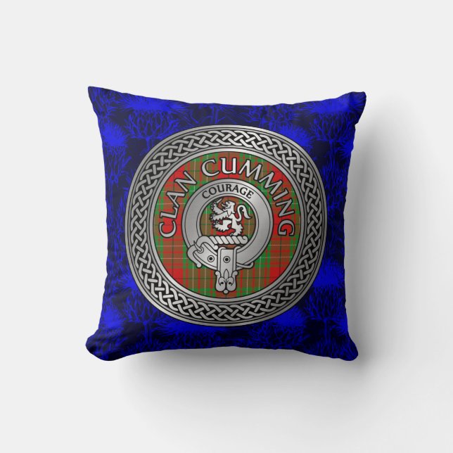 Clan Cumming Crest & Tartan Knot op Thistle Kussen (Voorkant)