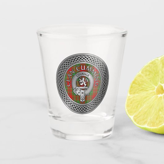 Clan Cumming Crest & Tartan Knot Shot Glass Glas (Voorkant)