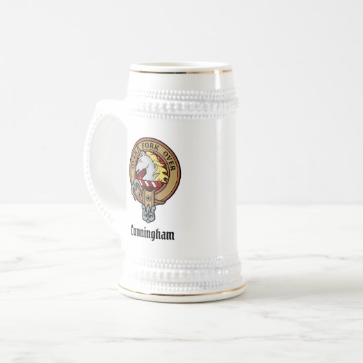 Clan Cunningham Crest over Tartan Bierpul (Voorkant links)