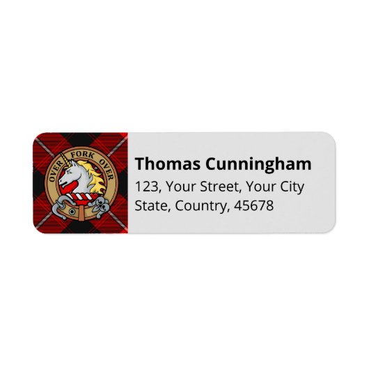 Clan Cunningham Crest over Tartan Etiket (Voorkant)