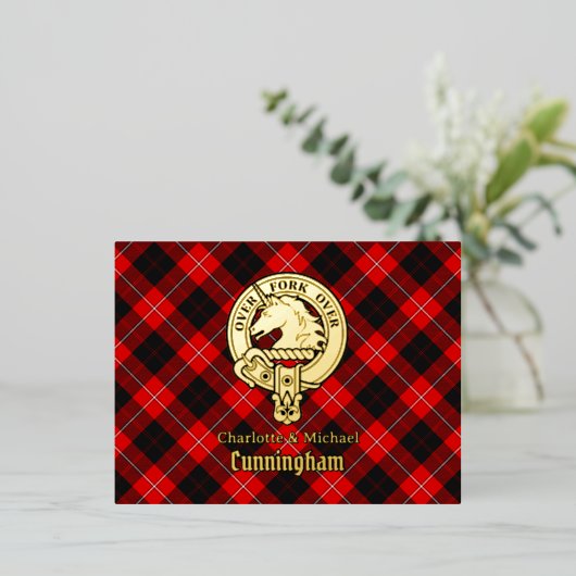 Clan Cunningham Crest over Tartan Folie Uitnodiging Briefkaart (Staand Voorkant)