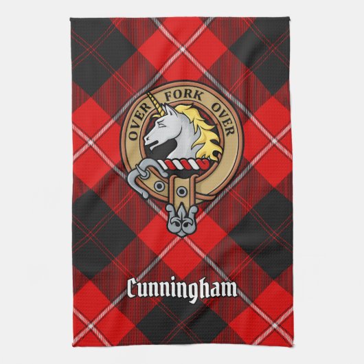 Clan Cunningham Crest over Tartan Theedoek (Verticaal)